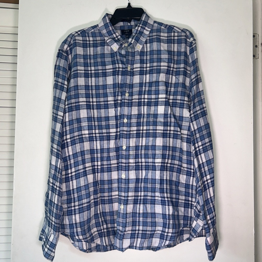 J.Crew Mens Large Slim Fit Linen Plaid Button Down Shirt Blue White Long Sleeve